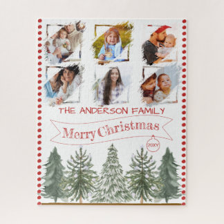 Rustic Vintage Pine Tree & Family Photo Christmas Jigsaw Puzzle