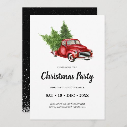 Rustic Vintage Pine Tree Red Truck Christmas Party Invitation