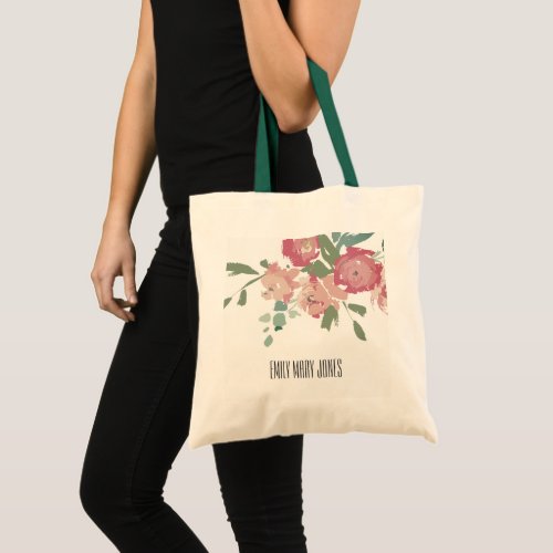 RUSTIC VINTAGE PINK BLUE GREEN PEONY FLORAL TOTE BAG