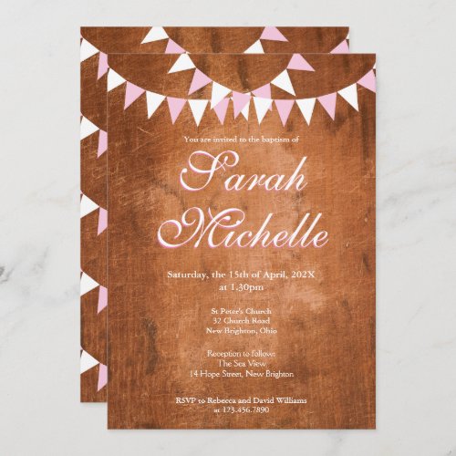 Rustic Vintage Pink Bunting Baptism Christening Invitation