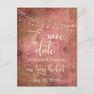 Rustic Vintage Pink Burlap & Lights Save the Date Announcement Postcard