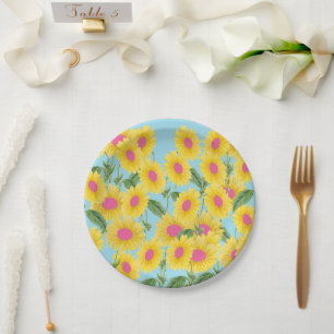 Rustic Vintage Pink Sunflowers Modern Pastel Blue Paper Plates