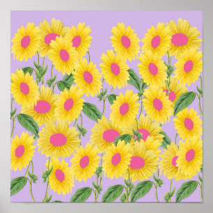 Rustic Vintage Pink Sunflowers Modern Pastel Lilac Poster