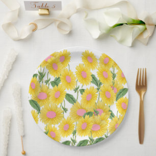 Rustic Vintage Pink Sunflowers Modern White Paper Plates