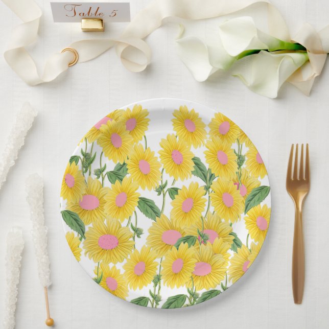 Rustic Vintage Pink Sunflowers Modern White Paper Plates (Wedding)