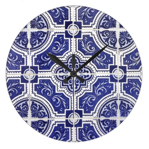 Rustic Vintage Portuguese Tiles Pattern - Azulejo Large Clock
