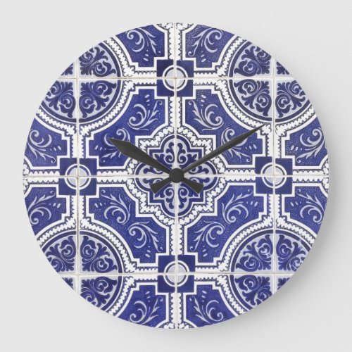 Rustic Vintage Portuguese Tiles Pattern _ Azulejo Large Clock