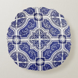 Rustic Vintage Portuguese Tiles Pattern - Azulejo Round Pillow