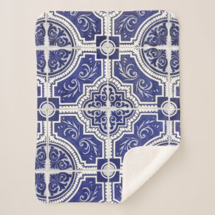 Rustic Vintage Portuguese Tiles Pattern - Azulejo Sherpa Blanket