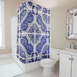 Rustic Vintage Portuguese Tiles Pattern - Azulejo Shower Curtain
