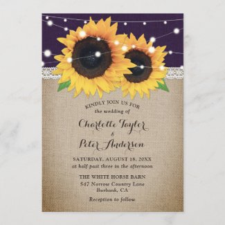 Rustic Vintage Purple Burlap Sunflower Wedding Invitation