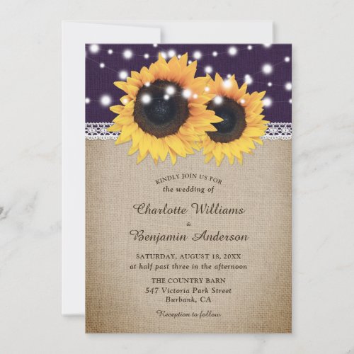 Rustic Vintage Purple Burlap Sunflower Wedding Invitation