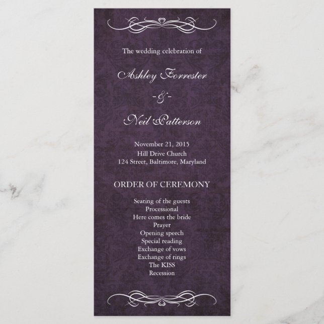 Rustic Vintage Purple Damask Wedding Program (Front)