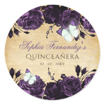 Rustic Vintage Purple Floral Butterfly   Classic Round Sticker