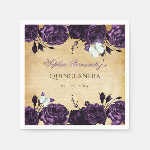 Rustic Vintage Purple Floral Butterfly   Napkins