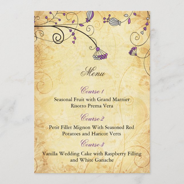 rustic vintage purple floral wedding menu cards (Front)