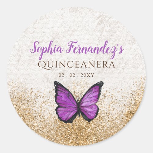 Rustic Vintage Purple Gold Butterfly Classic Round Sticker