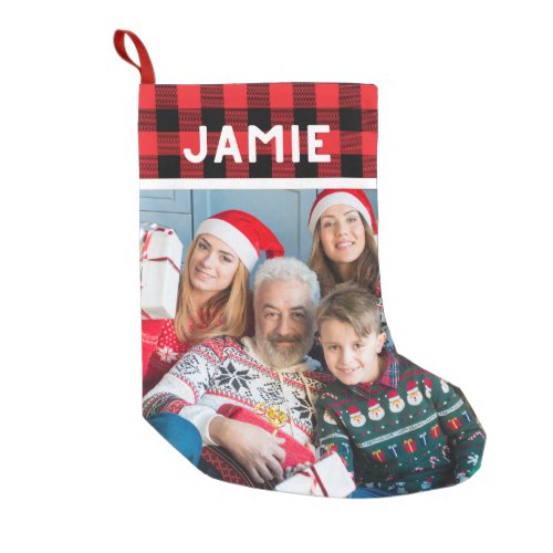 Rustic vintage red plaid christmas family photo  small christmas stocking