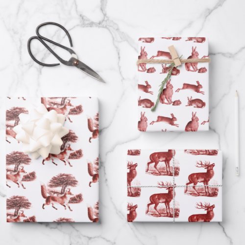 Rustic Vintage Red Toile Deer Fox Hare Rabbit Wrapping Paper Sheets