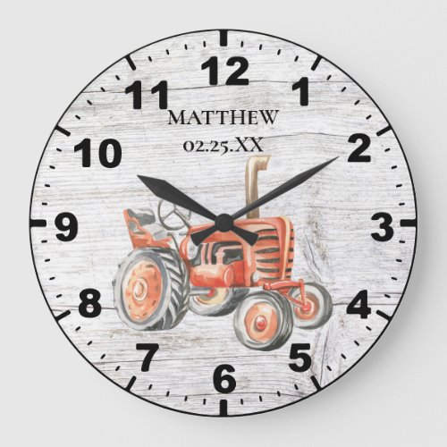 Rustic Vintage Red Tractor Barn Wood Background Large Clock