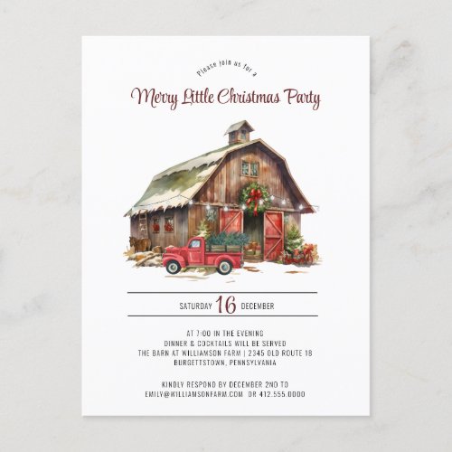 Rustic Vintage Red Truck Barn Christmas Party  Holiday Postcard