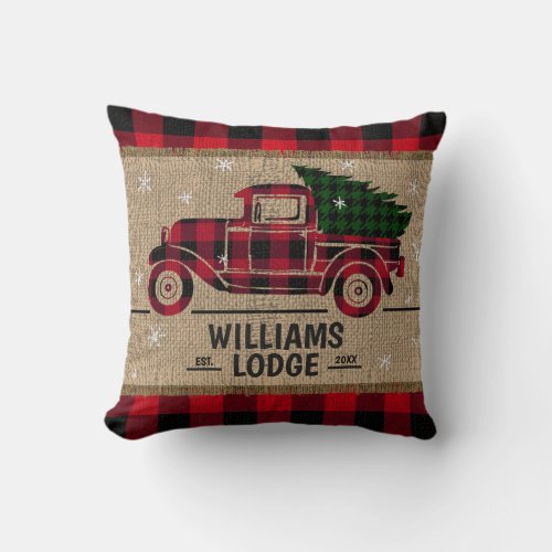 Rustic Vintage Red Truck Buffalo Plaid Farmhouse Throw Pillow