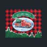 Rustic Vintage Red Truck Christmas Family Name Canvas Print<br><div class="desc">Personalize the title on this holiday wrapped canvas art featuring a winter scene of a classic red pickup truck driving through the snow, a fresh Christmas tree in the back. A green banner above has a family name for you to personalize. Background is a red and black buffalo check plaid...</div>