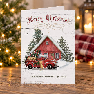 Rustic Vintage Red Truck Dogs Farmhouse Christmas Holiday Card