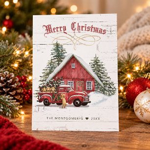 Rustic Vintage Red Truck Dogs Farmhouse Christmas Holiday Card
