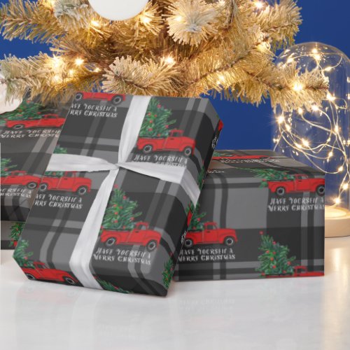 Rustic Vintage Red Truck Grey Plaid Christmas  Wrapping Paper