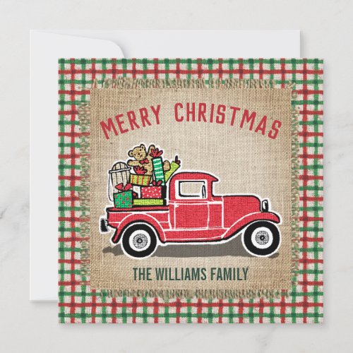 Rustic Vintage Red Truck Plaid Burlap Family Holiday Card
