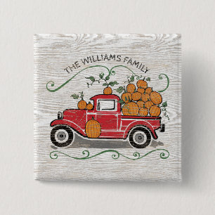 Rustic Vintage Red Truck Pumpkins Family Name Button