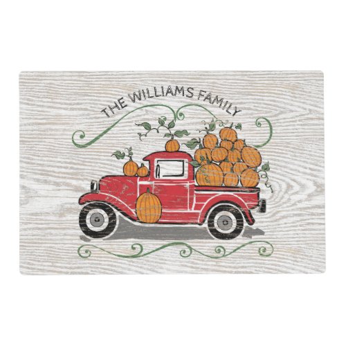 Rustic Vintage Red Truck Pumpkins Family Name Placemat