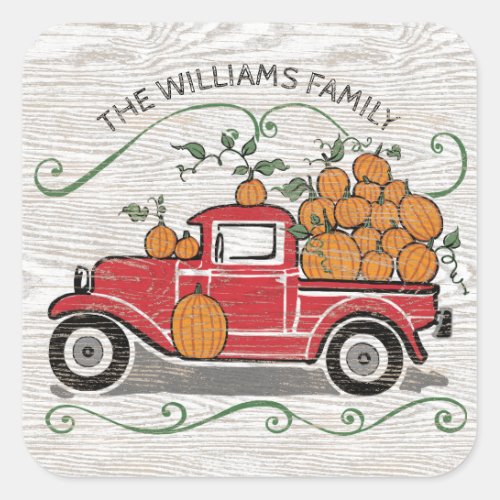 Rustic Vintage Red Truck Pumpkins Family Name Square Sticker