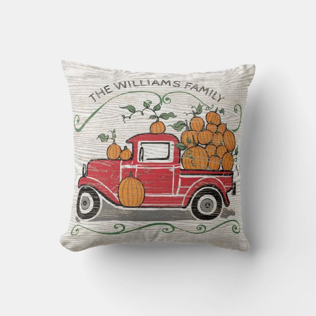 Rustic Vintage Red Truck Pumpkins Monogram Throw Pillow (Front)