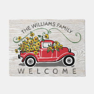 Rustic Vintage Red Truck Pumpkins Monogram Welcome Doormat