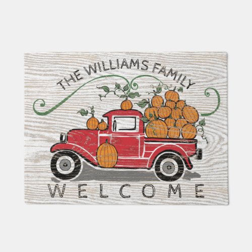 Rustic Vintage Red Truck Pumpkins Monogram Welcome Doormat