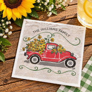 Rustic Vintage Red Truck Sunflowers Family Reunion Napkins