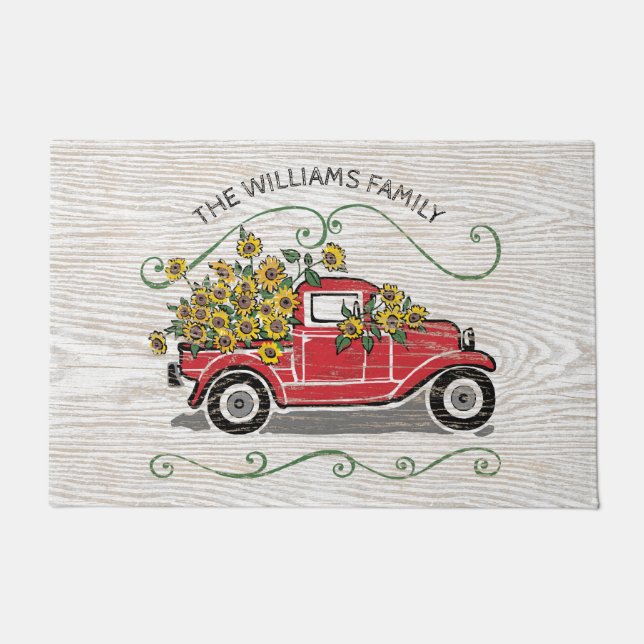 Rustic Vintage Red Truck Sunflowers Monogram Doormat (Front)