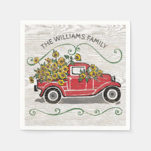 Rustic Vintage Red Truck Sunflowers Monogram Napkins