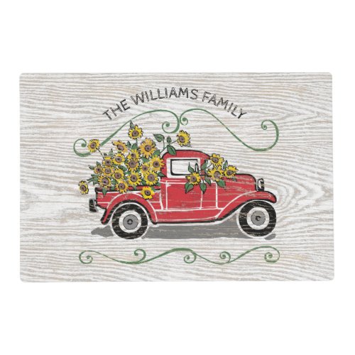 Rustic Vintage Red Truck Sunflowers Monogram Placemat