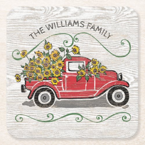 Rustic Vintage Red Truck Sunflowers Monogram Square Paper Coaster