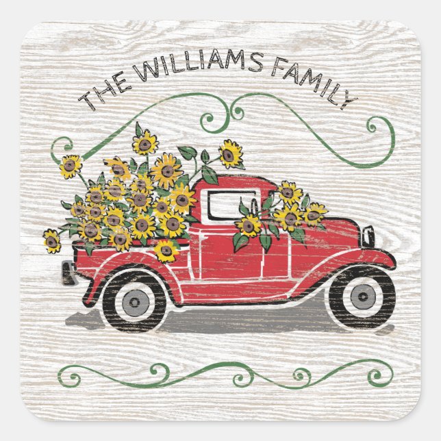 Rustic Vintage Red Truck Sunflowers Monogram Square Sticker (Front)