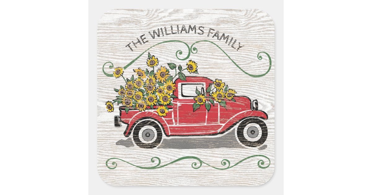 Download Rustic Vintage Red Truck Sunflowers Monogram Square ...