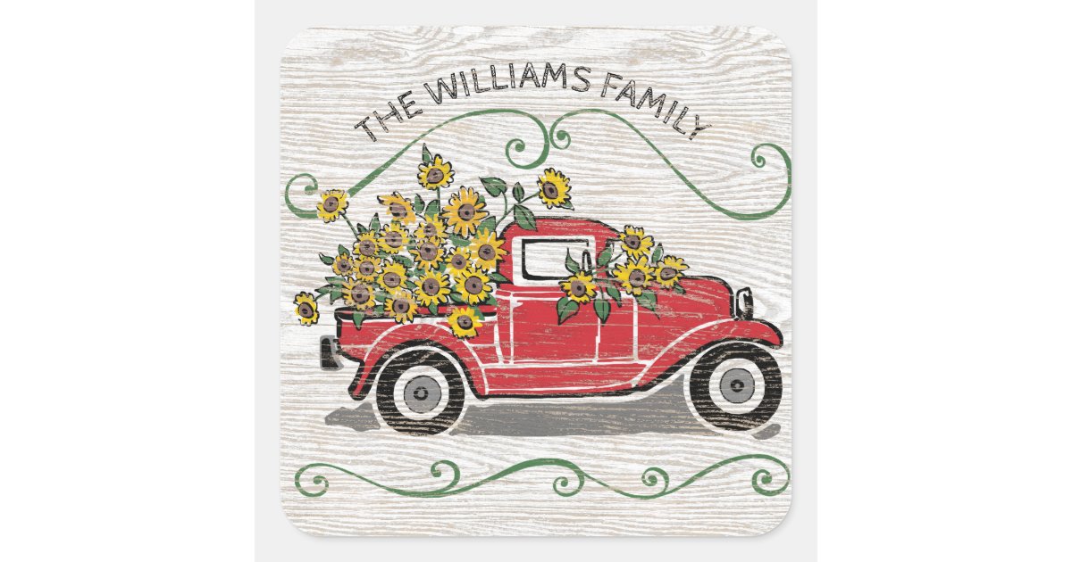 Download Rustic Vintage Red Truck Sunflowers Monogram Square ...