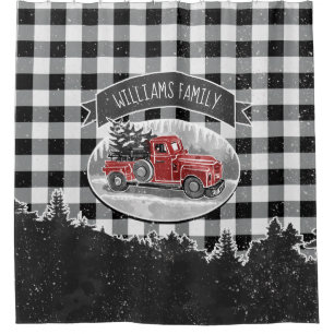 Rustic Vintage Red Truck White Buffalo Plaid Name Shower Curtain