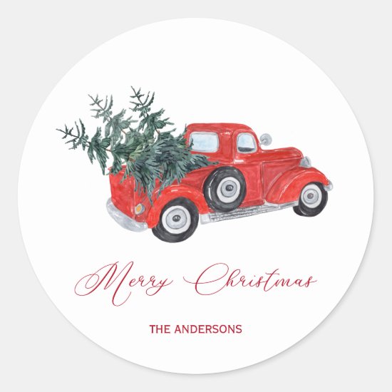 Rustic Vintage Red Truck with Christmas Trees Classic Round Sticker