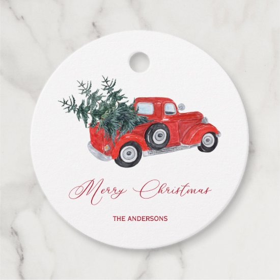 Rustic Vintage Red Truck with Christmas Trees Favor Tags