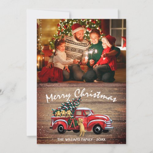Rustic Vintage Red Truck with Dogs Photo Christmas Holiday Card