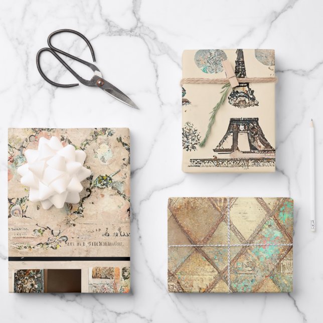 Rustic Vintage Romantic Paris Wrapping Paper Sheets (Front)